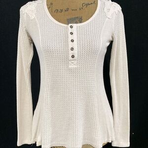 Coco+Jaimeson Womens  Cream Thermal Applique Ribbed Side Flare Long Sleeve SMALL